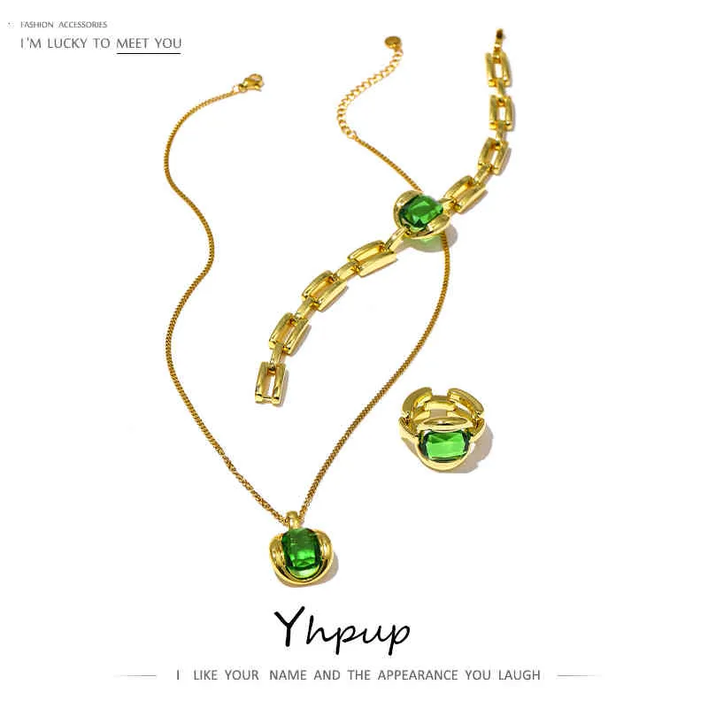 Bangle Designer Yhpup Gold Stainless Steel Jewelry Set Necklace Ring Bracelet Fashion Green Glass Crystal Pendant Chain 18 k Plated Waterproof