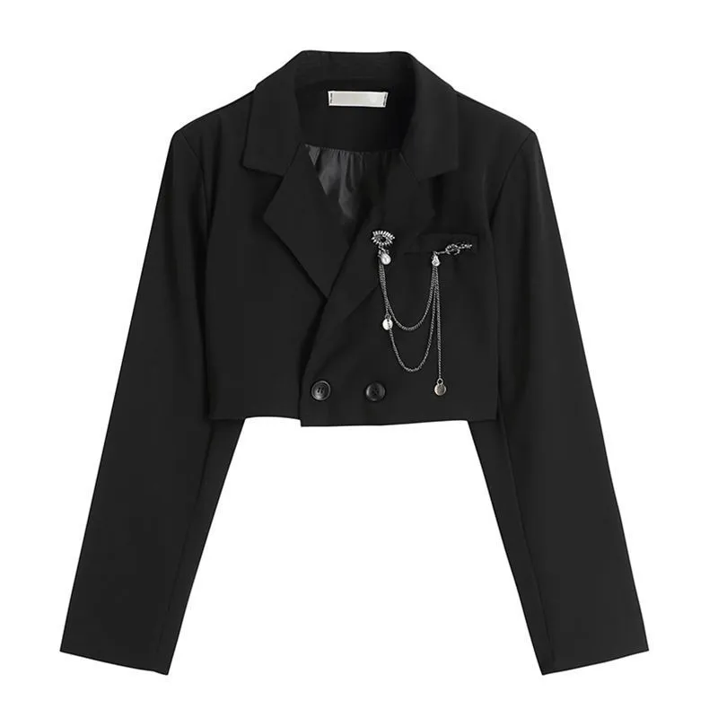 Frauen Punk Gothic Cropped Blazer mit Metall Kette Harajuku Design Streetwear Chic Patchwork Anzug Büro Dame Pendeln Kurzen Mantel 220818