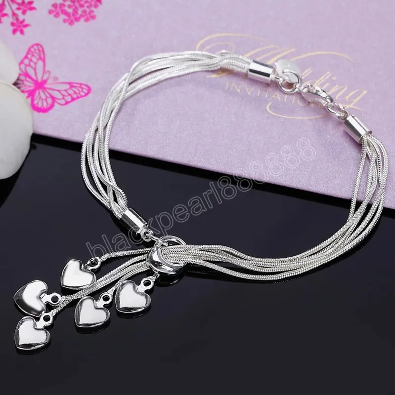 925 Tamel de prata esterlina Love Five Heart Snake Chain Bracelet para mulheres Jóias de festa de noivado de casamento