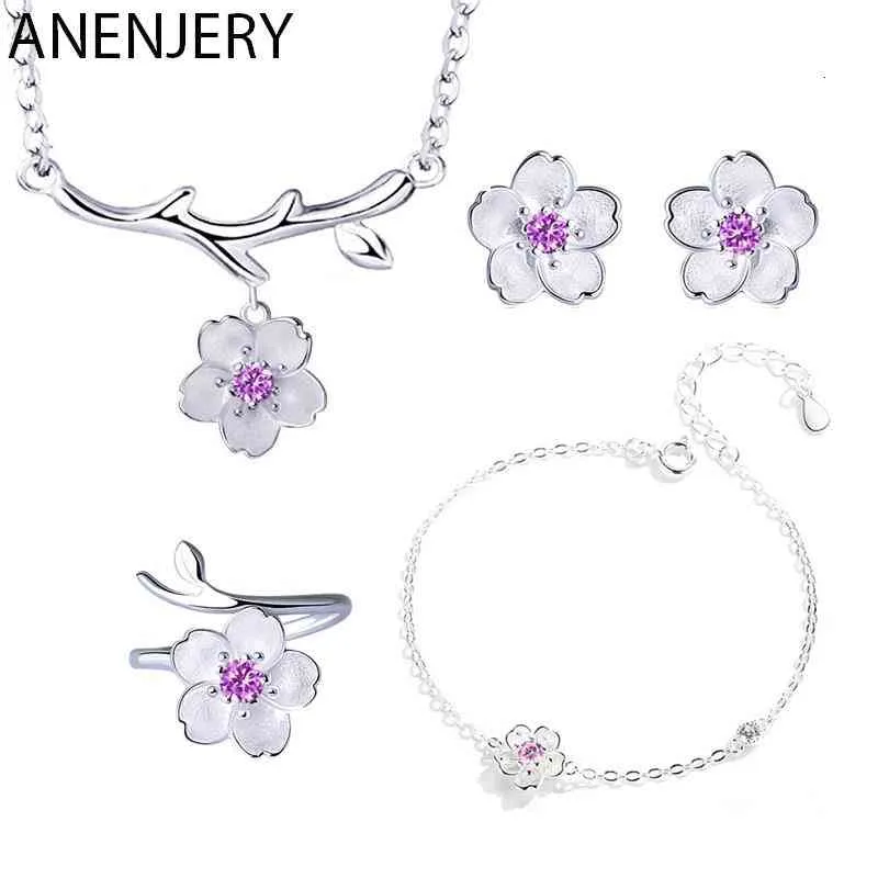 Bracelet Bracelet Designer Anenjery Romantique Argent Couleur Fleurs De Cerisier Fleur Ensembles De Bijoux Pendentif Mignon De Mariage De Mariée