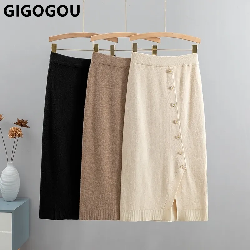 Gigogou Autumn Winter malha saia elástica da cintura alta Saias lápis com botão Ladies Suria de suéter Bodycon 220818