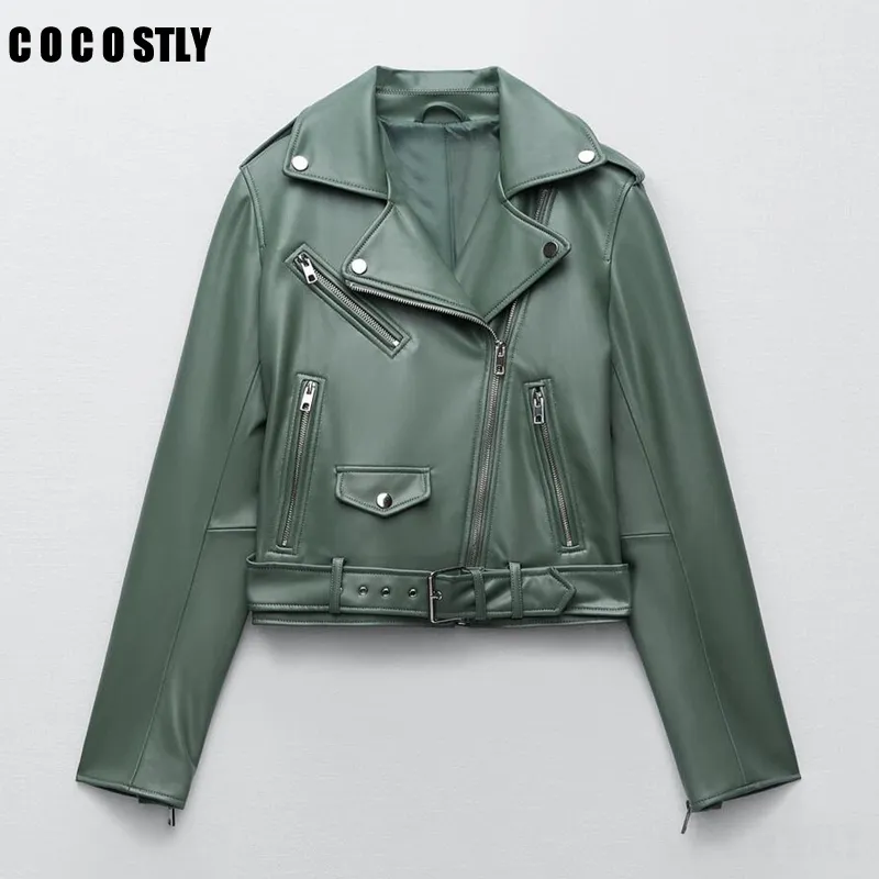 Spring Autumn Women Jacket Fashion Blue Black Faux Leather Female Casual Lapel Zipper With Belt Biker Coat 220818