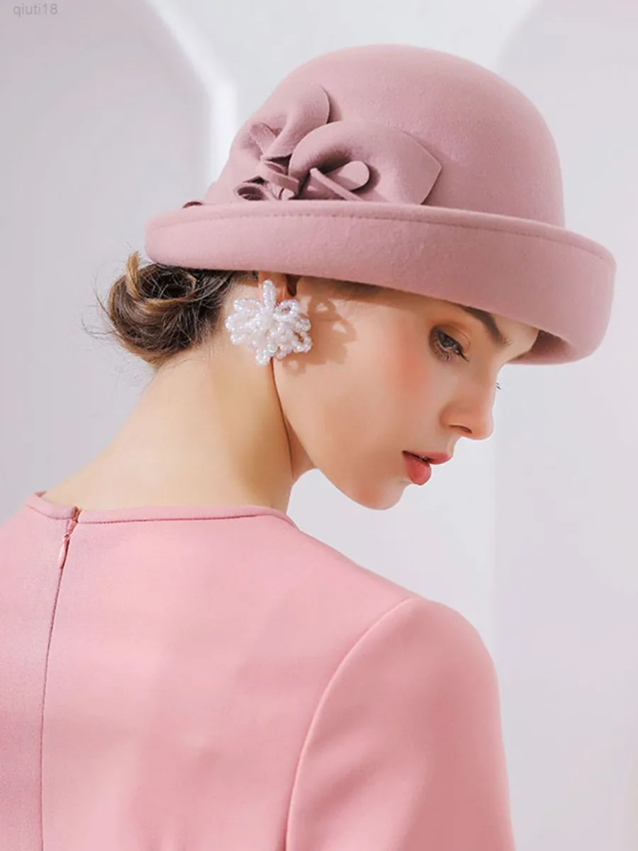 100% Wool Felt Flanging Floral Wool Felt Fedoras Women's Autumn Winter Cloche Hats Elegant Banquet Fedora Hat Y220818