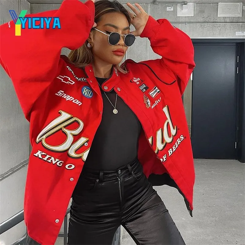 Yiciya Red Bomber Jacket Women Long Sleeve Racing S Vintage Printed Zipper Women S Spring Polyester Women Coat 220818