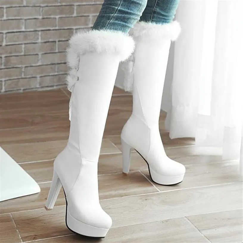 Rozmiar 32 do 43 z pudełkiem Piękne buty ślubne ślubne zimowe białe futrzane buty luksusowe kobiety kolanowe buty 281e