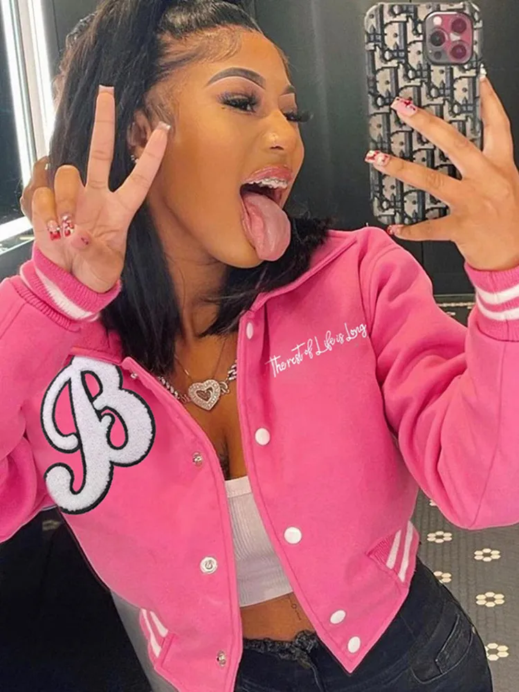 DHgate.com:Pink Varsity Jacket Womens - Stylish Purple Crop