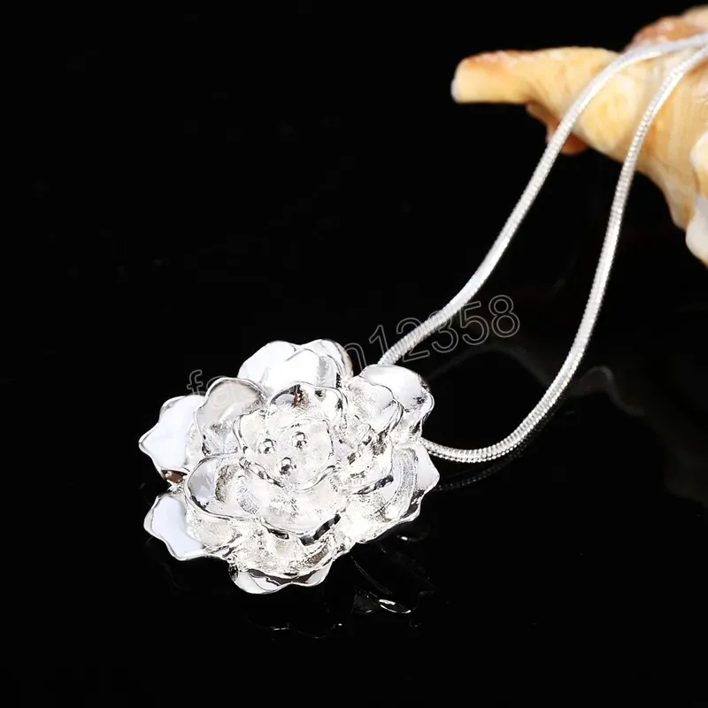 925 Sterling Silver Snake Chain Flower Pendant Necklace For Women Fashion Wedding Party Charm Jewelry