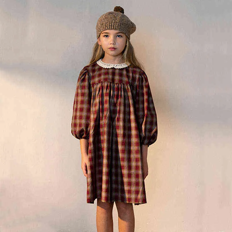 Peter Pan Collar Dress Adorable Brown Plaid Long Sleeve Dress For