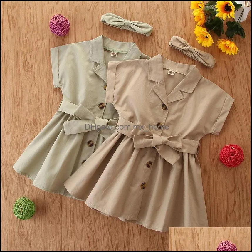 Mädchen Kleider Sommer Kausal Kleid Kinder Gürtel Einreiher Kurzarm Mit Stirnband Kinder Mxhome Drop Lieferung 2021 Baby Mxhome Dhbre