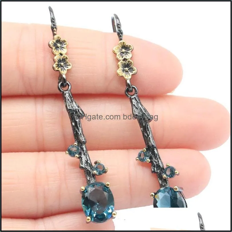 Dangle Chandelier 55X8Mm Neo-Gothic 6G Created Purple Amethyst Dark Blue Topaz For Ladies Black Gold Earrings Daily Wearda Bdesybag Dh06J