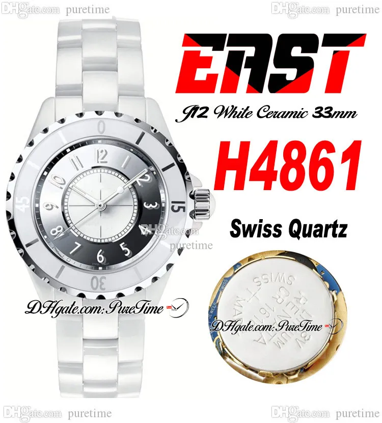 EAST J13 33mm H4861 Orologio da donna al quarzo svizzero Corea Collezionista in ceramica Specchio Quadrante bianco Indicatori numerici Bracciale in ceramica Super Edition Orologi da donna Puretime