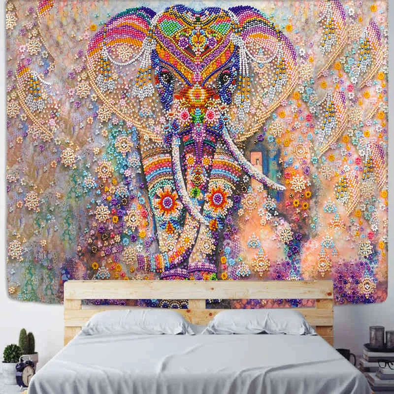 Kleurrijke parelolifant tapijt 3d mozaïekstijl hippie boho muur tapijten mandala stof mat woonkamer decor j220804
