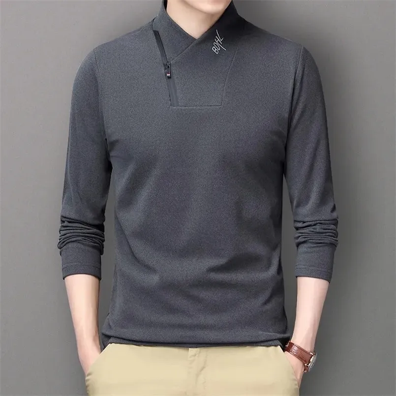 Men T-Shirt Long Sleeve Tops Solid Zipper Mock Neck Pullover Male Hombre Warm Tees Autumn Winter Clothing Camisetas 220819