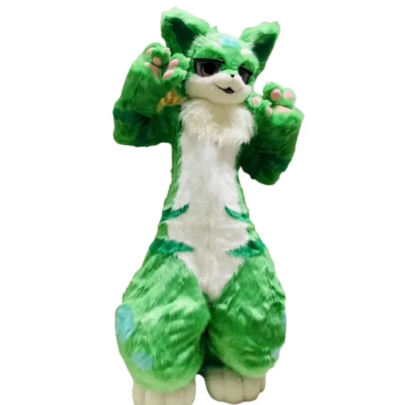 Green Long Fur Husky Fursuit Fox Mascot Costume Walking Halloween Set