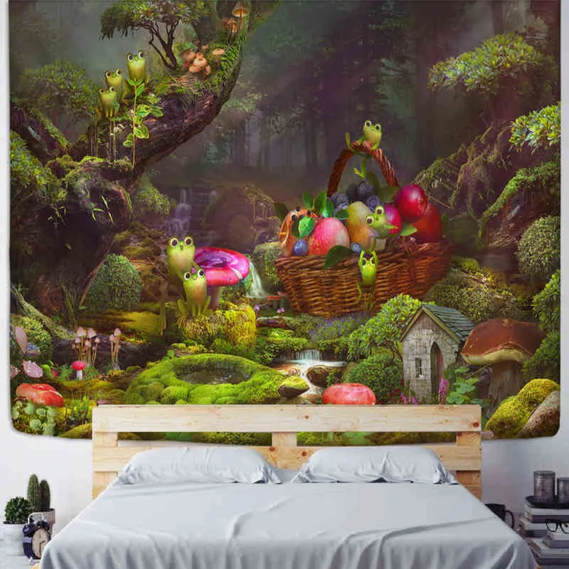 Dessin animé petite grenouille tapis tenture murale forêt psychédélique Art Hippie fille dortoir décor de chambre J220804