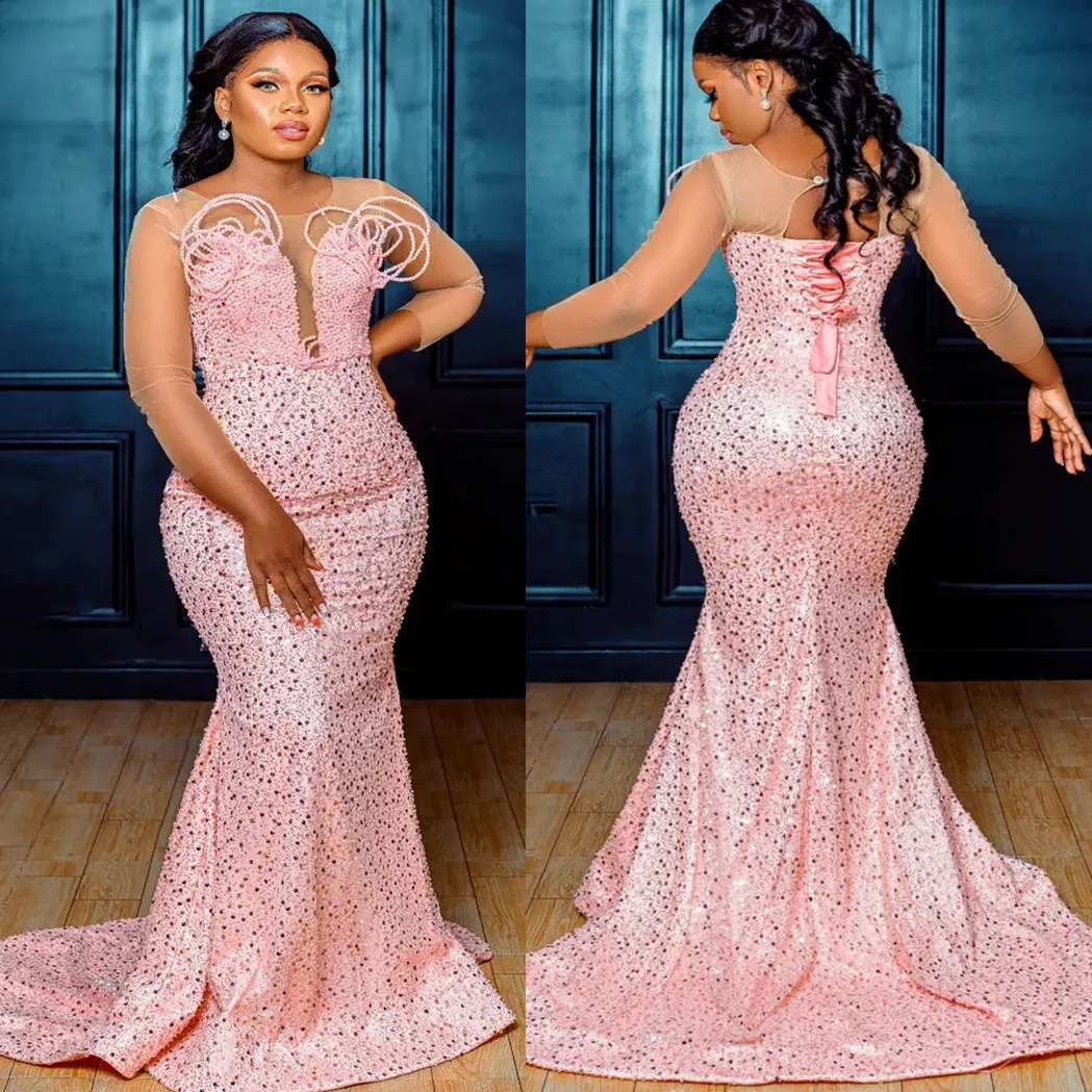 Plus Size Arabic Aso Ebi Pink Mermaid Sparkly Prom Sheer Neck Evening Formal Party Second Reception Birthday Engagement Gowns Dresses Zj766 407