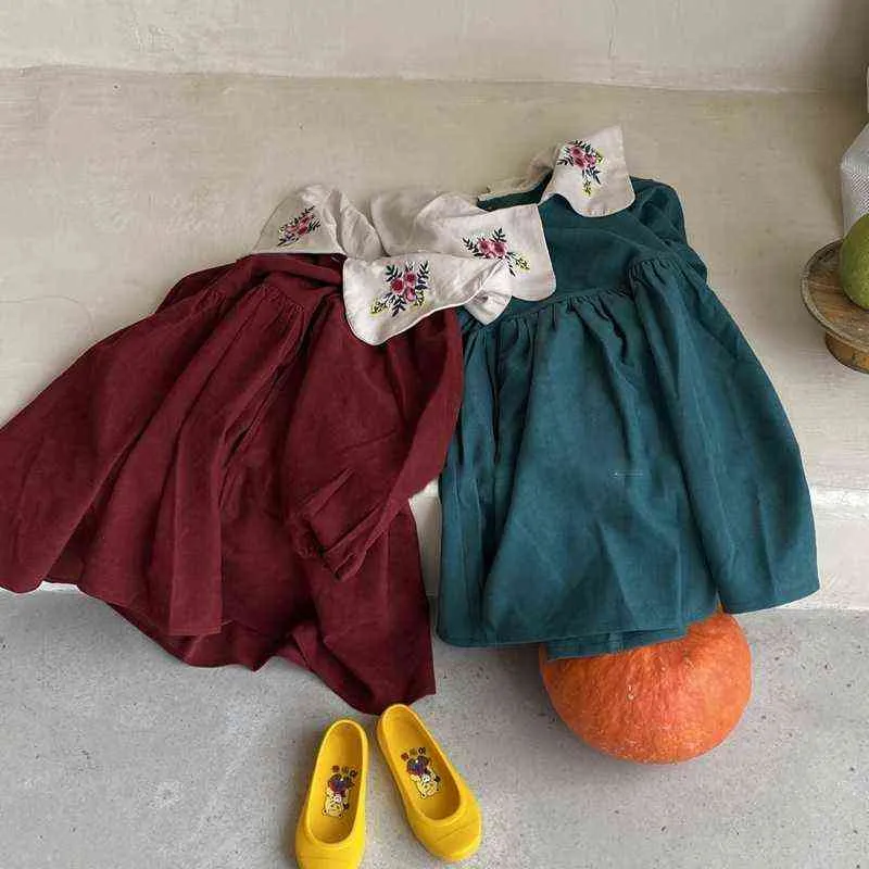 Autumn New Toddler Girls Dress Fashion Retro broderie Fleur Day Fleur Longe à manches à manches longues Robe