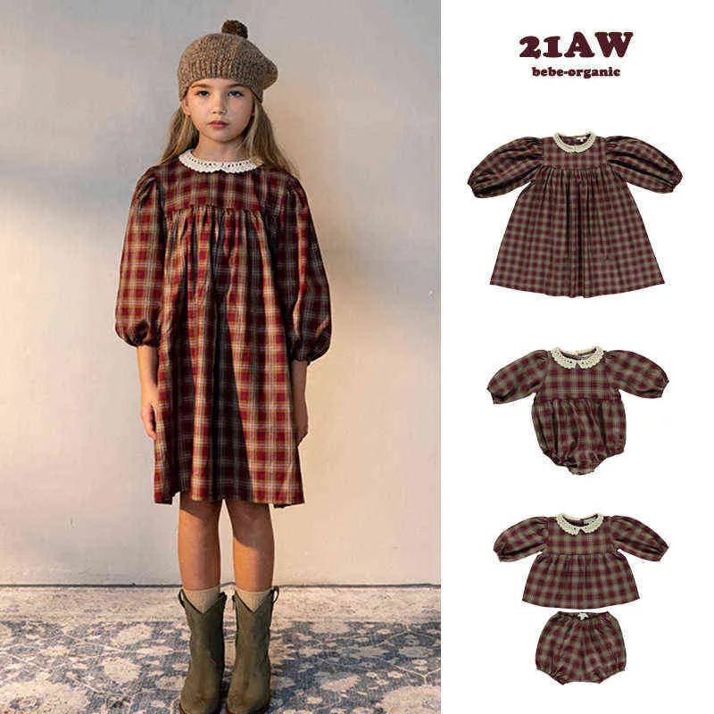 Vintage Brown Plaid dress for Toddler Girls - Peter Pan Collar, Long Sleeves, Ages 1-11 (R231213)