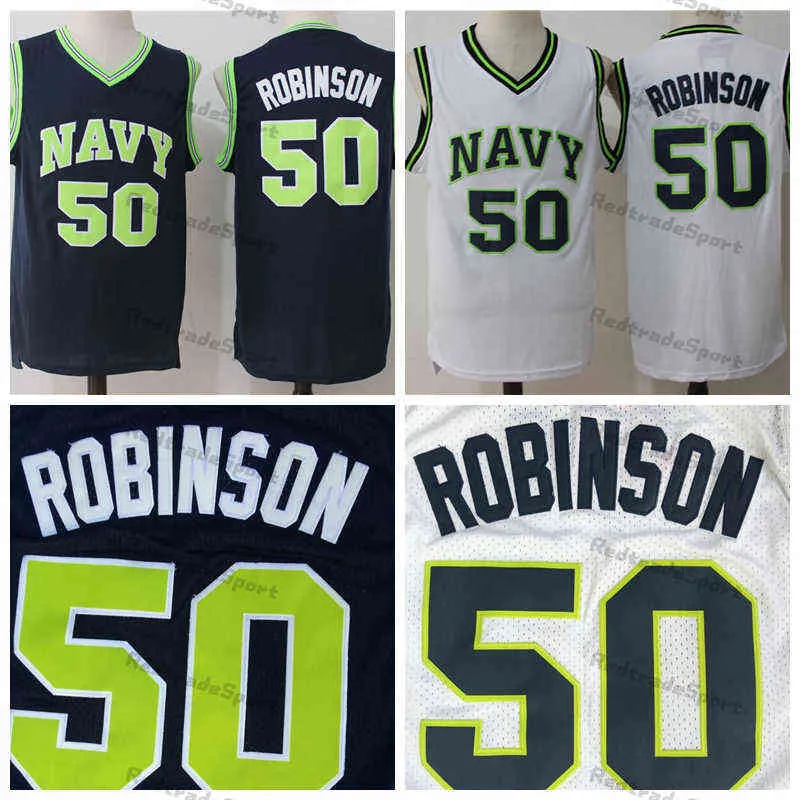 Mens Vintage NCAA David Robinson 50 Basketball Jerseys The Admiral Naval Academy Navy Midshipmen USNA College Blue White Stitched S-X