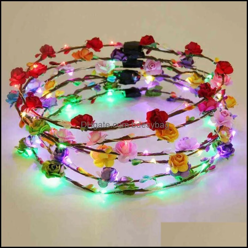 Decorative Flowers Wreaths 24Pcs Crown Flower Headband Led Light Up Hair Wreath Hairband Garlands Glowing Cosplay Birthday Bdesybag Dhxid