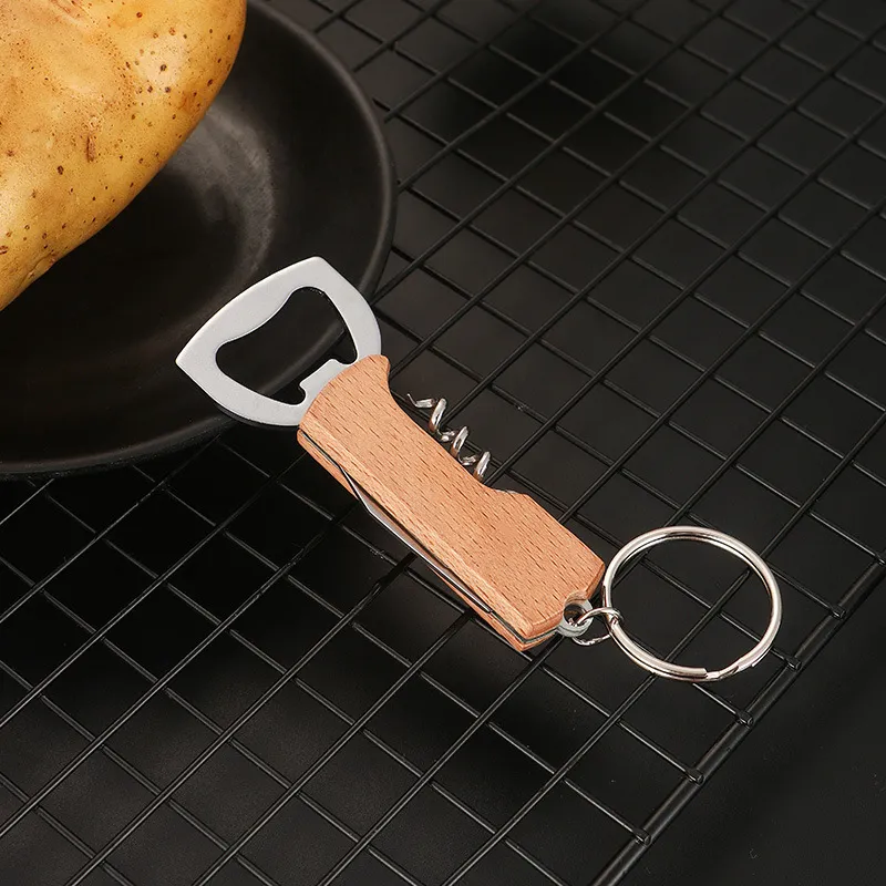 Openers Wooden Handle Bottle Opener Keychain Knife Pulltap Double Hinged Corkscrew Stainless Steel Key Ring Opening Tools Bar