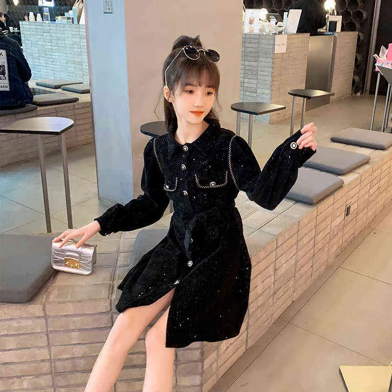 2022 autumn teens girls dress Turn Down Collar Button Design Top Grade Flannel Black Princess Dresses Children A-Line Costumes Y220819