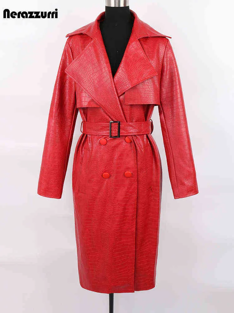 Nerazzurri Autumn Long Loose Red Crocodile Print Leather Trench
