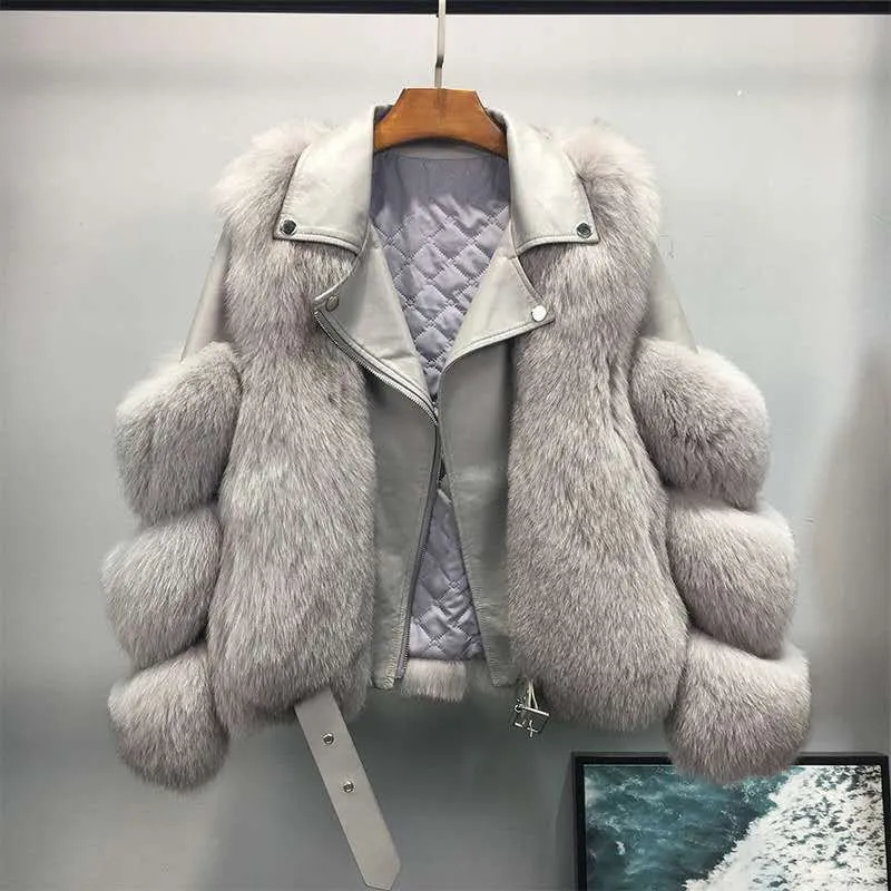 Designer kleding dames jassen harige bruine bijgesneden vrouwen faux bontjas met vos fur winter mode motocycle stijl bont lederen jas vrouw trendy overjassen