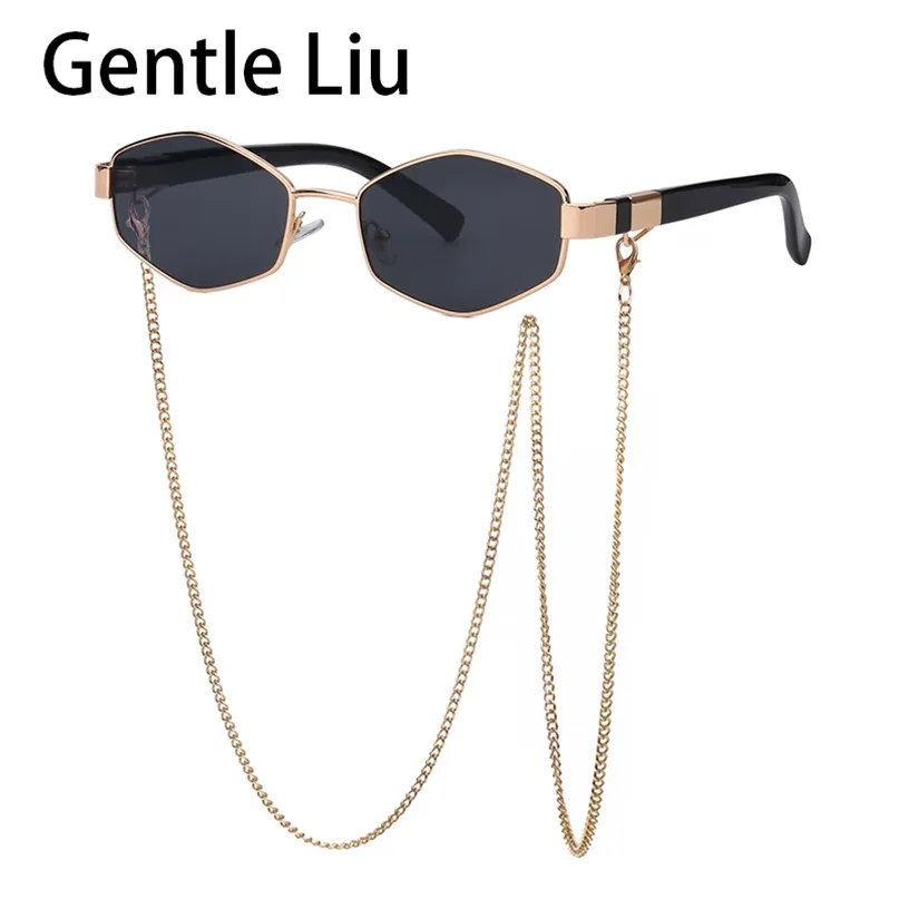 Vintage Sunglasses Women With Chain Small Frame Sun Glasses for Ladies Trendy Luxury Brand Designer Hexagon Eyewear UV400 220819