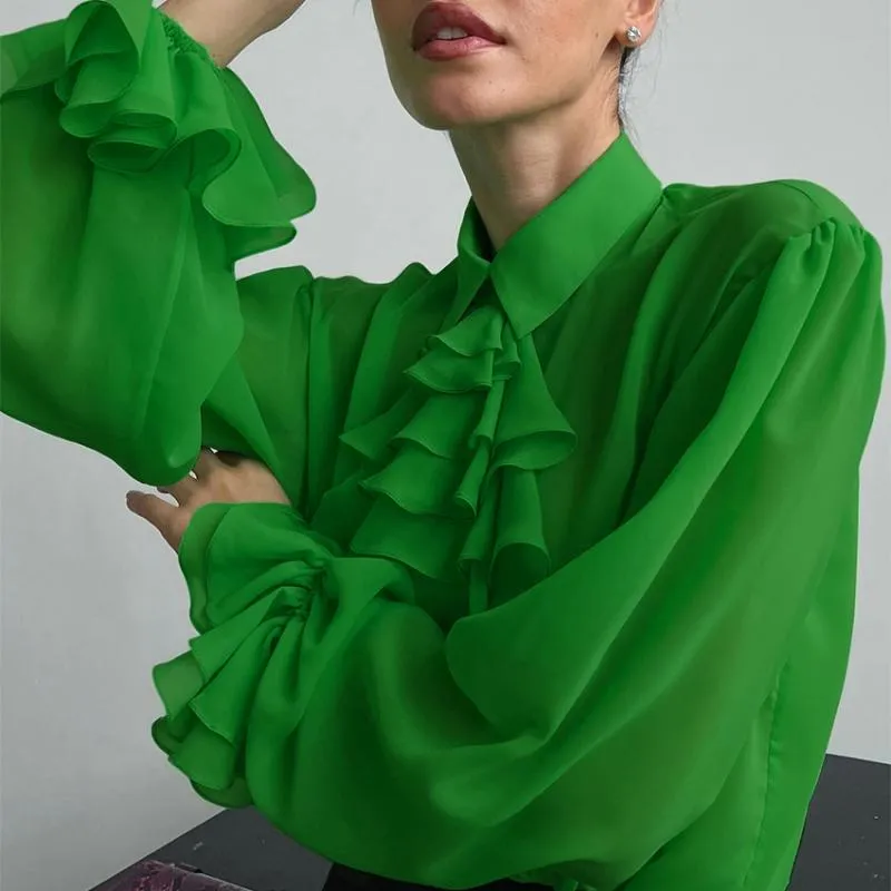 Women's Blouses & Shirts Basic Green Shirt Oversized For Women Elegant Beautiful Layered Ruffle Collar Women's 2022 Spring Long Sleeve T