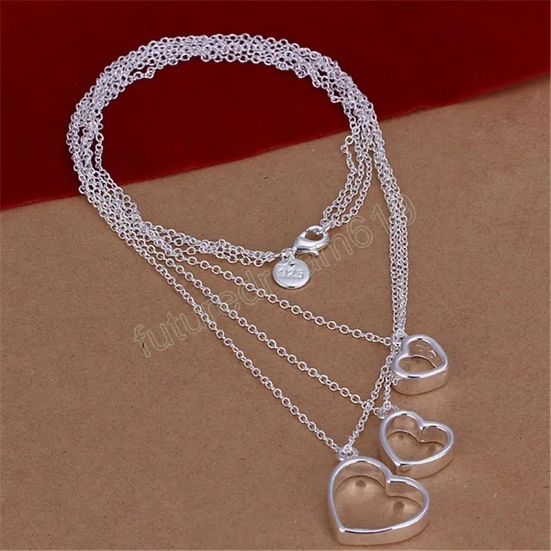 925 Sterling Silver Three Chain Heart Pendant Necklace For Women Charm Wedding Engagement Party Fashion Jewelry