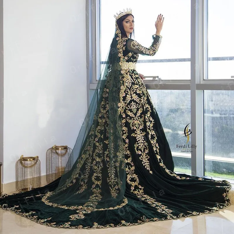 Dark Green Tulle Long Sleeve Gold Lace Appliques Beading Luxury Wedding Dress