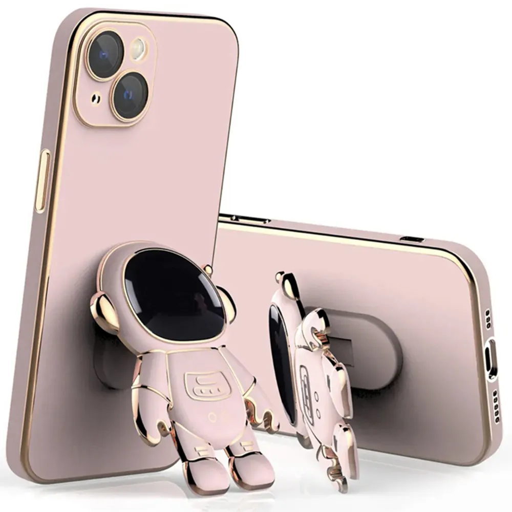 3D Cartoon Galvanizado Astronauta Capas de telefone para iPhone 15 14 11 12 13 Pro Max Plus Shockproo Suporte Capa Kick-off Stand Holder