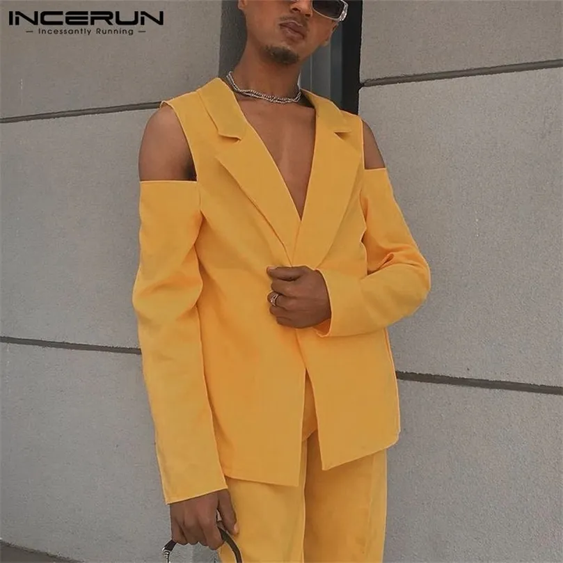 Inderun Men Casual Blazer Solid Color Streetwear Long Rękaw Off Rameer Speits One Button Thin Jackets 220819