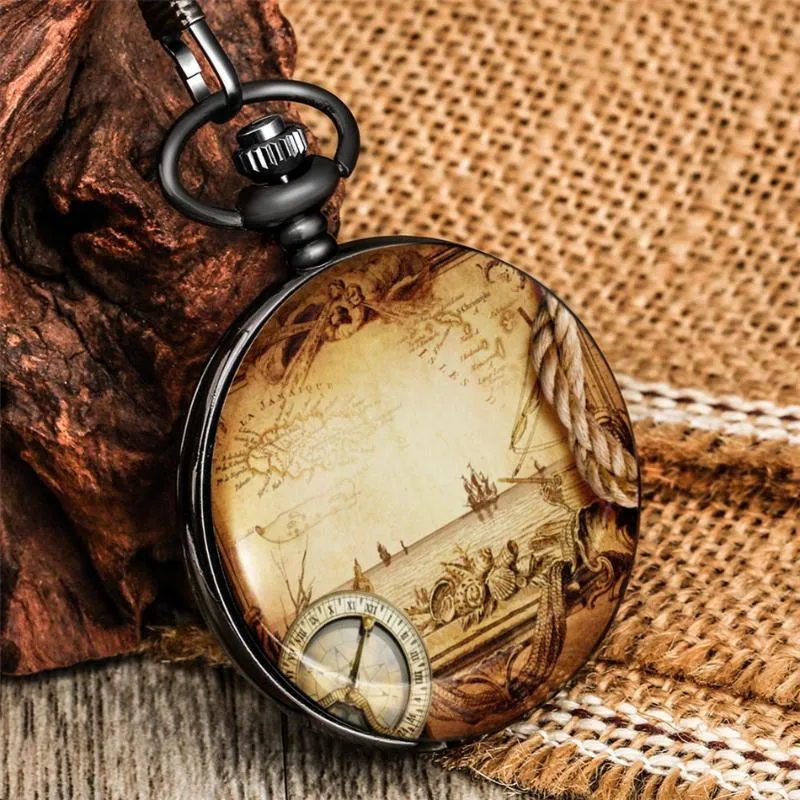 Pocket Watches Vintage Compass Pattern Printed Quartz Watch Black Fob Chain Pendant Clock Antique WatchesPocket