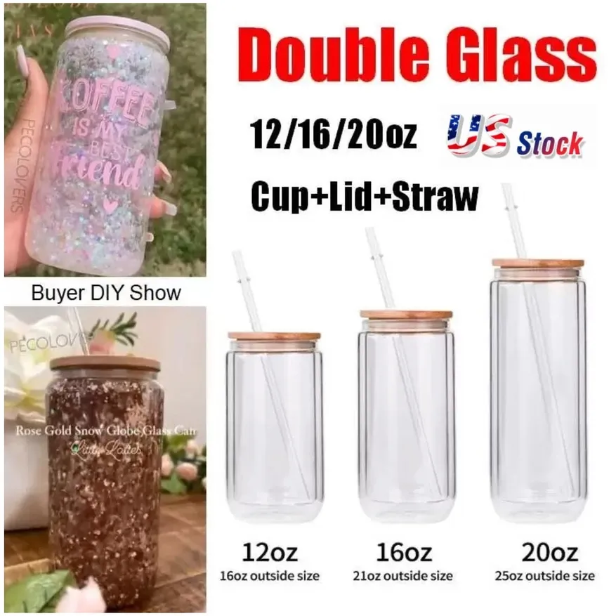 US Warehouse 12/16/20oz dubbele wandglas kopje met bamboe deksel en stro transparante theesapmelk koffie kan cup wijn cola drinkware gc0825