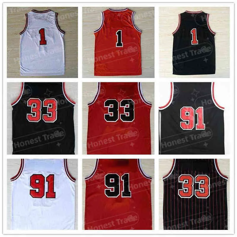 Retro Basket # 1 Uniformi Derrick Rose # 33 Maglia Scottie Pippen # 91 Dennis Rodman Sportswear T-shirt da uomo cucita Taglia S-2XL Ritorno al passato