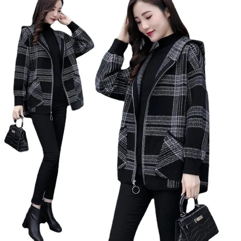 Blended Wool Coat Women Autumn Winter Jacket Plaid Short Woolen Coat Pocket Zipper Jacket Korean Version Lady OuterwearR1650 220819