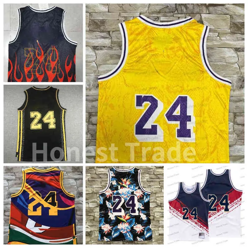 Impreso Hombres Retro Baloncesto 8 Jersey Negro Vintage 24 Flores Mamá Textura Amarilla Jersey Clásico Estampado