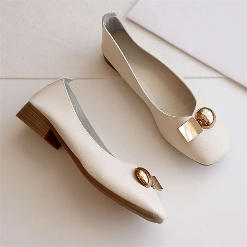 Womem Soft Leather Flat Square Toe Shallow Slip on Shoes Fashion Summer Casual Metal Decoration Dress Ladies Footwear 220819