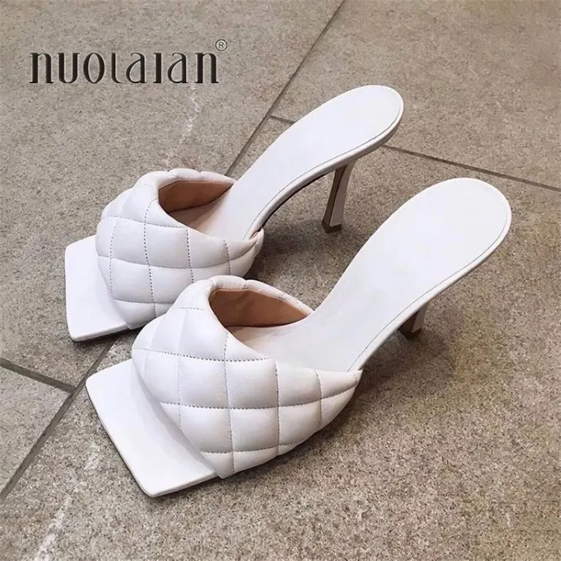 Summer Women Square Toe Sandals Ladies Pu Leather Plaid Outside Thin High Heels Slippers Female Fashion Woman Shoes 201021