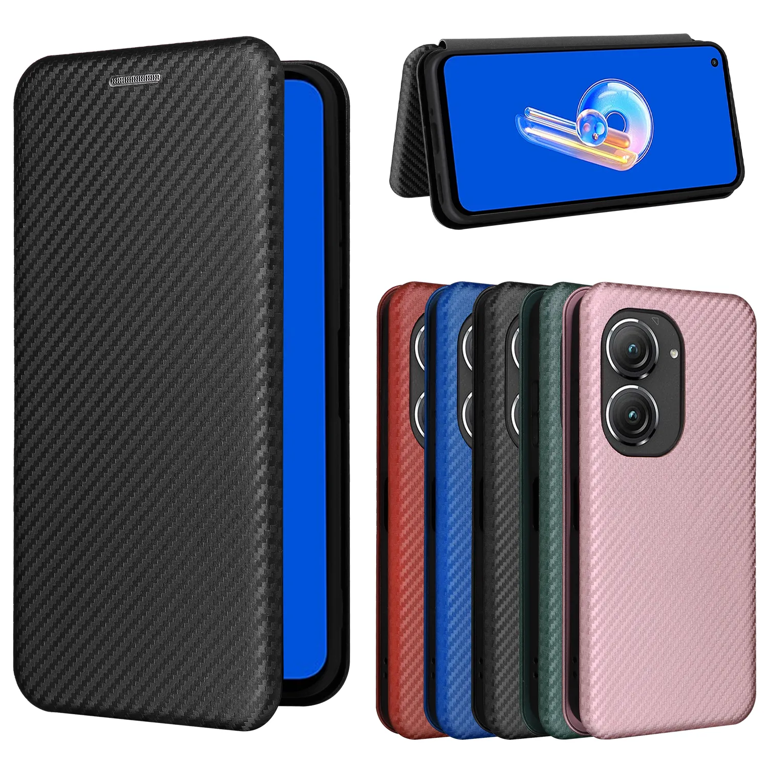 Carbon Fiber Cases For Asus Zenfone 9 Case Magnetic Flip Book Stand Card Protective Wallet Leather ROG Phone 6 Pro Cover