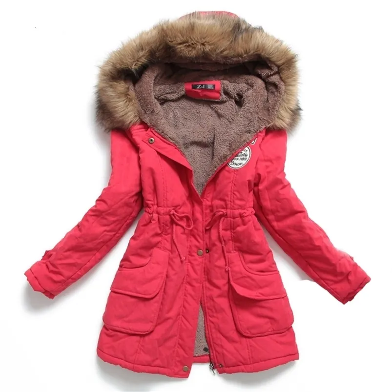 зимняя женская куртка среднего длинного утолщения плюс размер 4xl Outwear с капюшоном капюшона Slim Parka Parka Padded Overcoat 220819