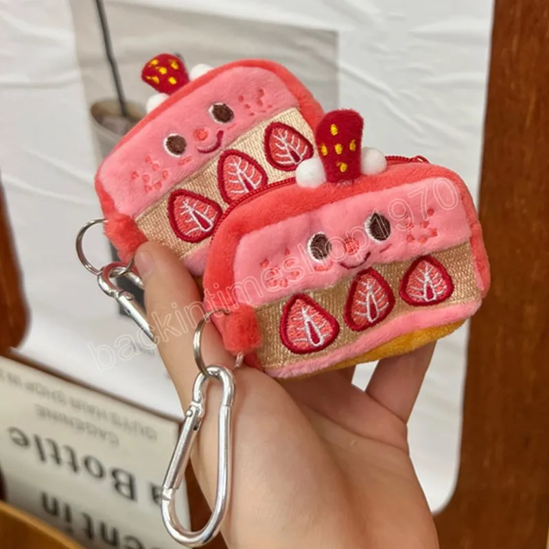 Pink INS Plush Earphone Case Cute Stylish Strawberry Cake Coin Purse For Girls Purse Keychain Pendant Storage Bag Pouch