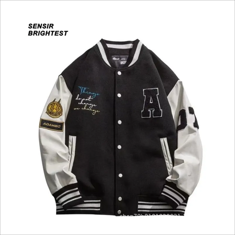 Sensir School Jacket American Pu Leather Siticed Tweed Baseball Suit High Street Eversize Varsity Stacks Men 220819