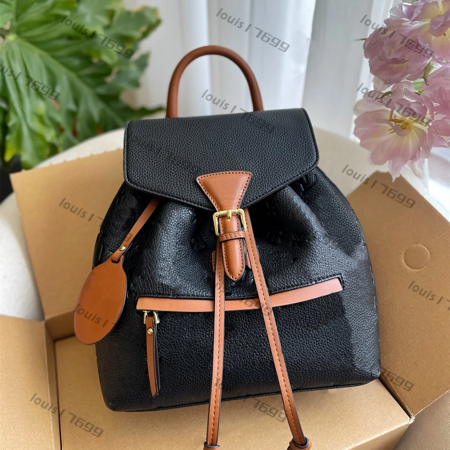 Real Cowhide Montsouris Backpacks Black Emboss PALM SPRINGS Rucksacks Men Women Shoulder Bags Designer Luxury Handbags Classic Schoolbag