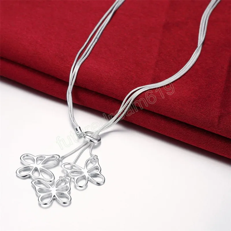 925 Sterling Silver Three Butterfly Snake Chain Pendant Necklace For Women Charm Wedding Engagement Fashion Jewelry