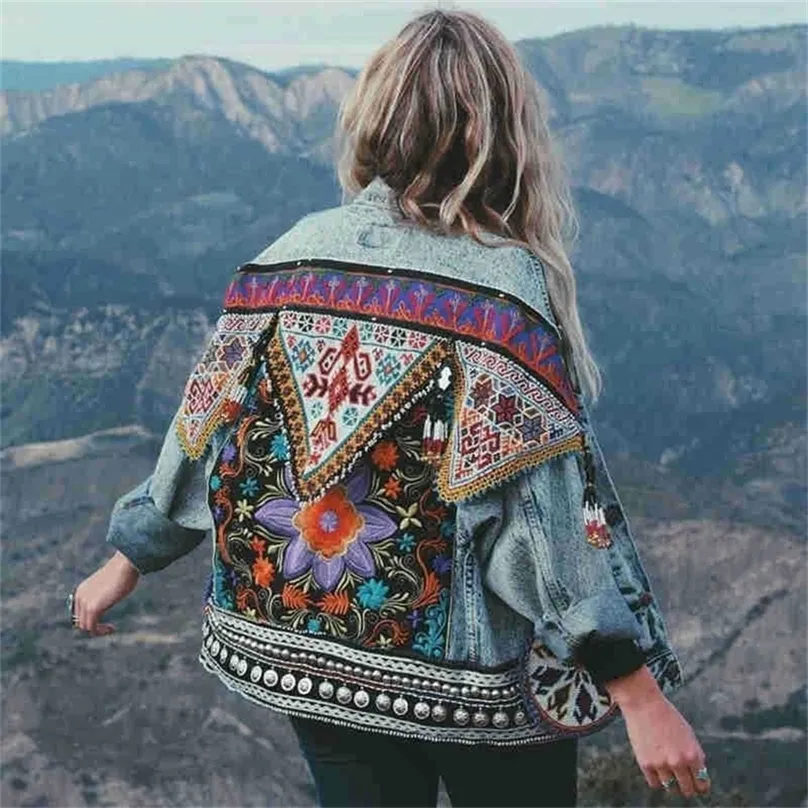 Jacket Women s Spring Boho Denim for Women Floral Appliques Embroidery Vintage Coat Long Sleeve Outerwear Female Coatee 220819