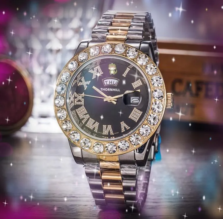 Orologi da uomo Full Diamonds tempestati di diamanti Time Week Day-Date 43mm Fashion Luxury Shinning Quartz Soid Fine Orologi da polso in acciaio inossidabile Orologi da polso a specchio in cristallo importati