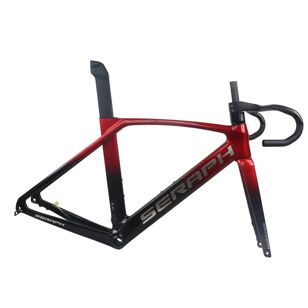 Cadre de vélo de route de frein à disque de câble interne complet dégradé noir et rouge TT-X34 avec logo argenté en fibre de carbone T1000